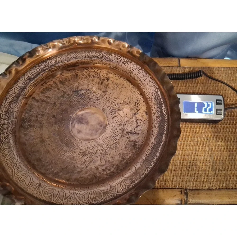 Vintage Embossed Copper Pedestal Compote Bowl w/Scalloped Edge